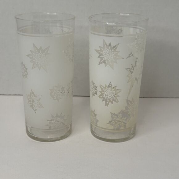 Federal Glass White Satin Frost Snowflake Starburst Highball Glasses PAIR(2) VTG - Picture 3 of 11